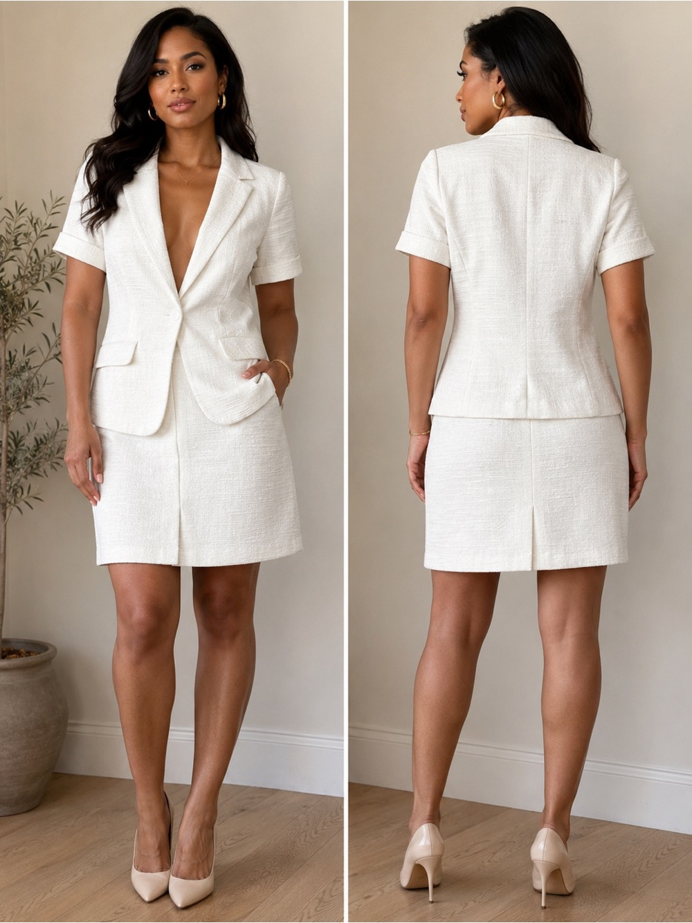 Trina Trunk 2pcs Crisp White Short-Sleeve Tweed Blazer & Skirt Set